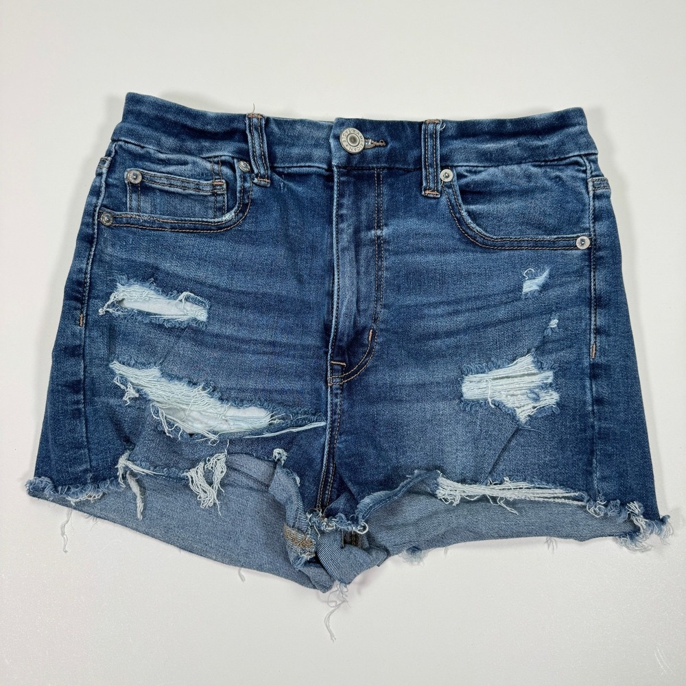 American Eagle Curvy Hi Rise Shortie Womens 6 Blue Distressed Frayed Hem Stretch